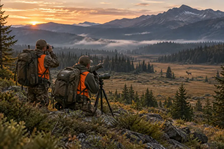 Guided big game hunts: Two hunters in orange glassing a bull elk in a mountain meadow at sunrise