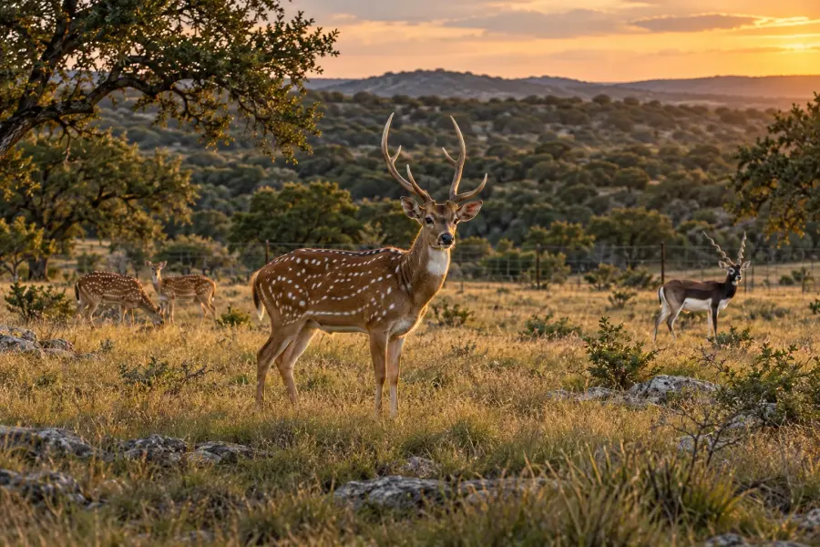 Ranches and exotics: Axis deer and a blackbuck on a Texas hill country ranch at sunset