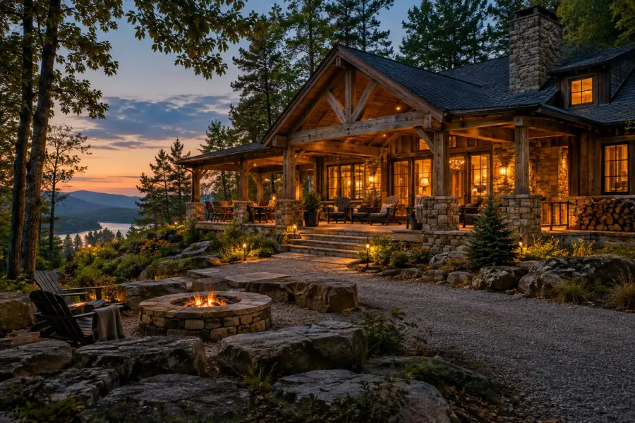 Hunting lodges: A timber and stone hunting lodge lit at dusk above a lake