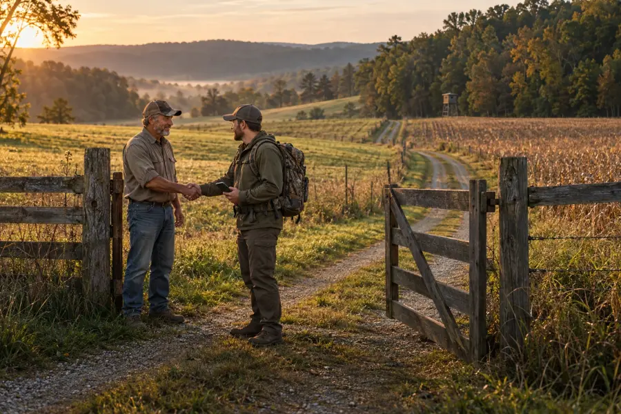 A landowner and a hunter shaking hands at a farm gate at sunrise, with a deer stand at the field edge