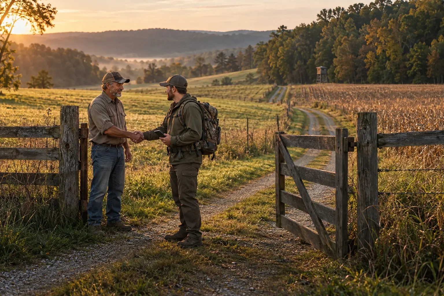 A landowner and a hunter shaking hands at a farm gate at sunrise, with a deer stand at the field edge