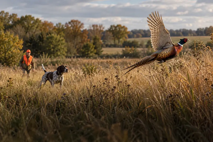 Bird preserves: A rooster pheasant flushing in front of a pointing dog and a hunter