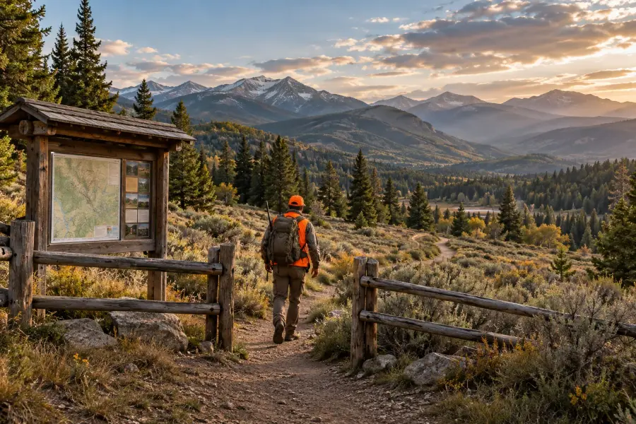 Public hunting land: A hunter in blaze orange walking past a trailhead map board into mountain public land