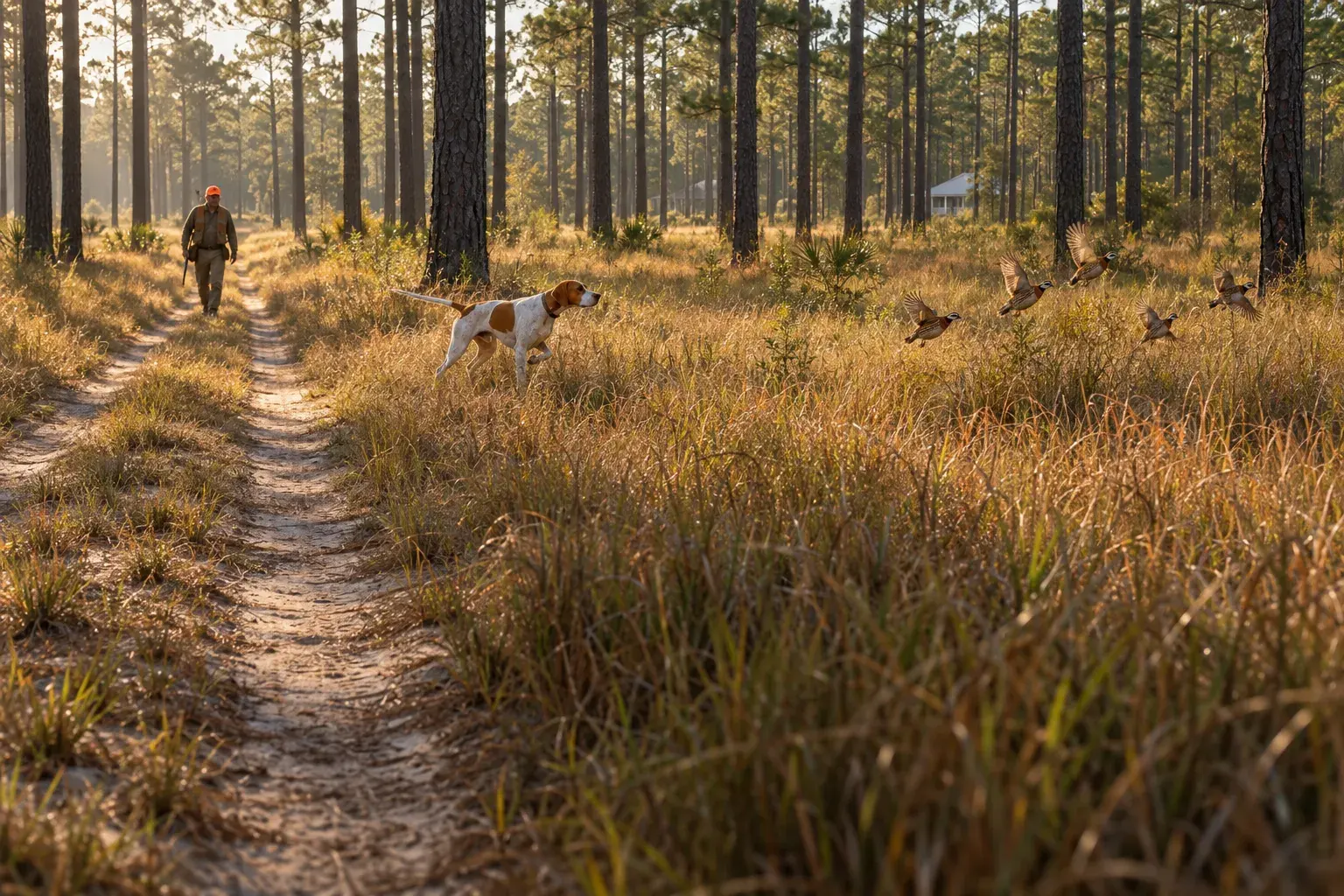 A pointer working longleaf pine grass as quail flush on a plantation