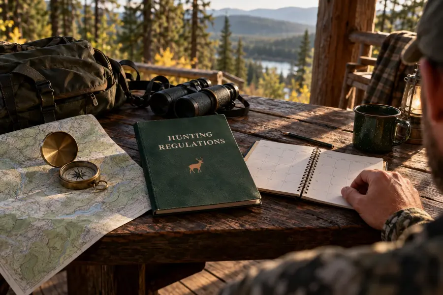 Seasons and rules: A hunting regulations book, topo map, compass and calendar on a cabin table