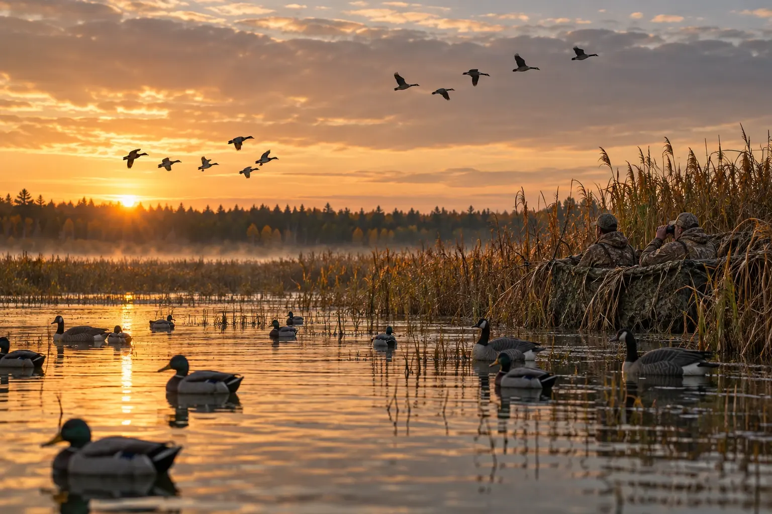 Geese flying over a marsh at sunrise with decoys and hunters in a blind