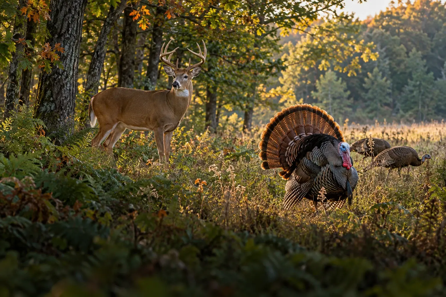 A whitetail buck and a strutting turkey at the edge of an autumn hardwood forest